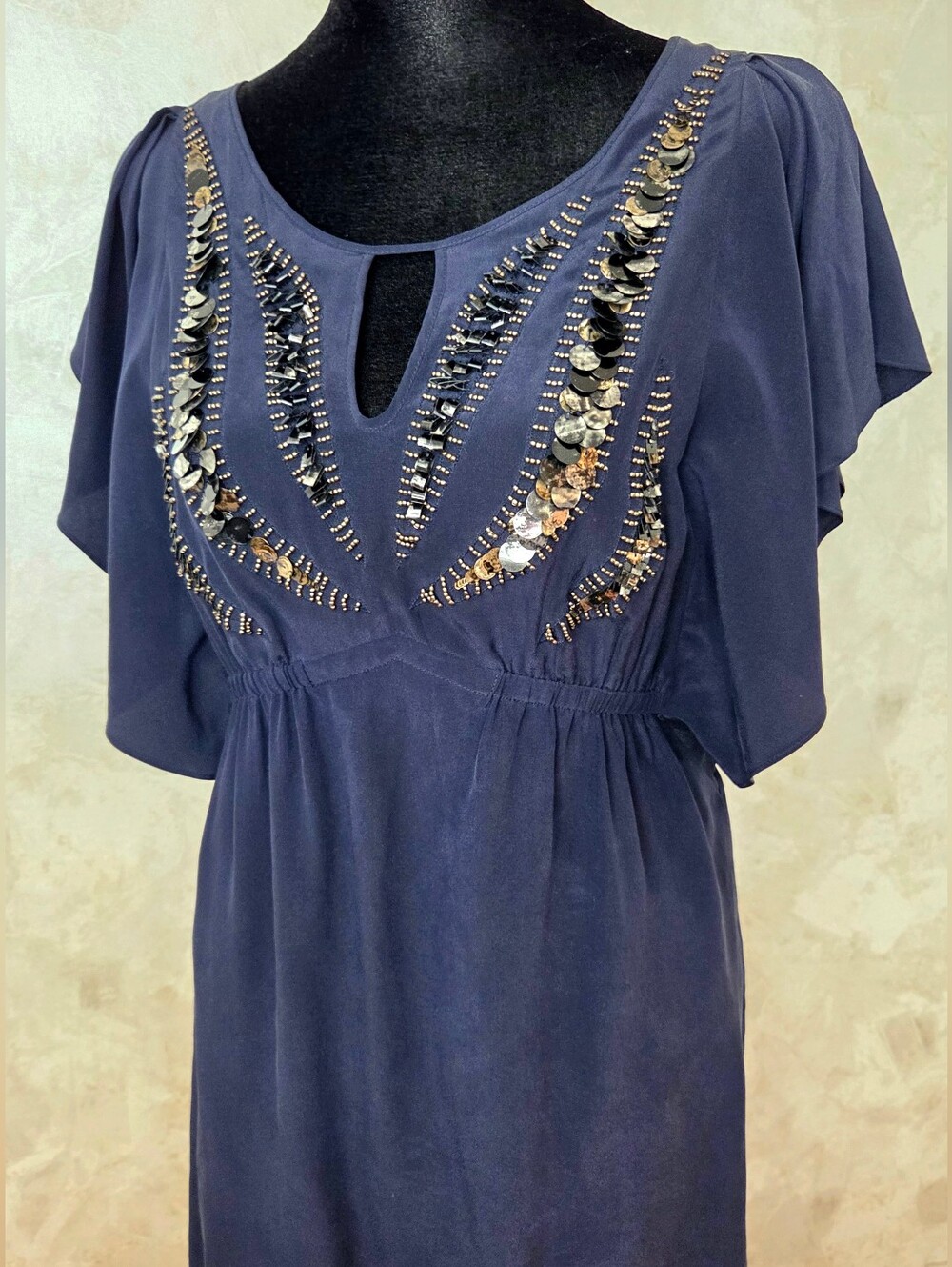 Yoana Baraschi 100% Silk Beaded Dress Navy Embellished Boho Anthropologie Style